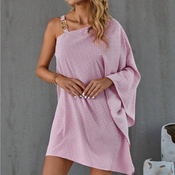 Boho chain strap one shoulder batwing sleeve  mini dress - Picture 5 of 5